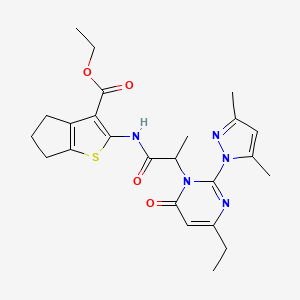 molecular formula C24H29N5O4S B2769294 ethyl 2-(2-(2-(3,5-dimethyl-1H-pyrazol-1-yl)-4-ethyl-6-oxopyrimidin-1(6H)-yl)propanamido)-5,6-dihydro-4H-cyclopenta[b]thiophene-3-carboxylate CAS No. 1103296-14-5