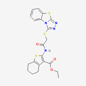 molecular formula C21H20N4O3S3 B2769339 Ethyl 2-{[([1,2,4]triazolo[3,4-b][1,3]benzothiazol-3-ylsulfanyl)acetyl]amino}-4,5,6,7-tetrahydro-1-benzothiophene-3-carboxylate CAS No. 301859-22-3