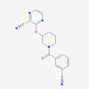 molecular formula C18H15N5O2 B2769341 3-((1-(3-氰基苯甲酰)哌啶-3-基)氧基)吡嗪-2-碳腈 CAS No. 2034503-42-7