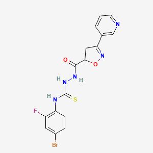 molecular formula C16H13BrFN5O2S B2769368 N-(4-bromo-2-fluorophenyl)-2-{[3-(3-pyridinyl)-4,5-dihydro-5-isoxazolyl]carbonyl}-1-hydrazinecarbothioamide CAS No. 478259-97-1