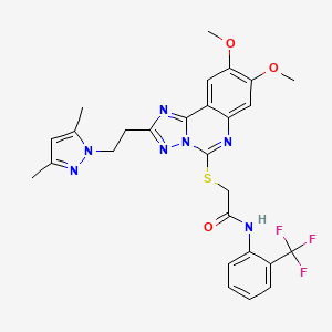 molecular formula C27H26F3N7O3S B2769445 2-({2-[2-(3,5-dimethyl-1H-pyrazol-1-yl)ethyl]-8,9-dimethoxy-[1,2,4]triazolo[1,5-c]quinazolin-5-yl}sulfanyl)-N-[2-(trifluoromethyl)phenyl]acetamide CAS No. 1020048-26-3