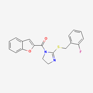 molecular formula C19H15FN2O2S B2769616 benzofuran-2-yl(2-((2-fluorobenzyl)thio)-4,5-dihydro-1H-imidazol-1-yl)methanone CAS No. 851807-28-8