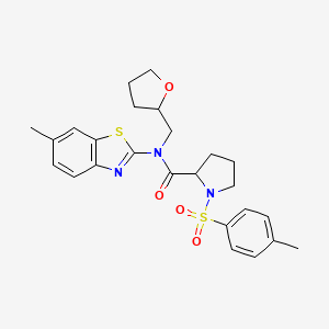 molecular formula C25H29N3O4S2 B2770046 N-(6-methylbenzo[d]thiazol-2-yl)-N-((tetrahydrofuran-2-yl)methyl)-1-tosylpyrrolidine-2-carboxamide CAS No. 1050206-10-4