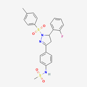molecular formula C23H22FN3O4S2 B2770049 N-{4-[5-(2-fluorophenyl)-1-(4-methylbenzenesulfonyl)-4,5-dihydro-1H-pyrazol-3-yl]phenyl}methanesulfonamide CAS No. 851781-08-3