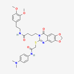 molecular formula C33H37N5O7S B2770051 N-[2-(3,4-dimethoxyphenyl)ethyl]-4-{6-[({[4-(dimethylamino)phenyl]carbamoyl}methyl)sulfanyl]-8-oxo-2H,7H,8H-[1,3]dioxolo[4,5-g]quinazolin-7-yl}butanamide CAS No. 688060-75-5