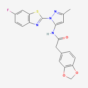 molecular formula C20H15FN4O3S B2770115 2-(2H-1,3-benzodioxol-5-yl)-N-[1-(6-fluoro-1,3-benzothiazol-2-yl)-3-methyl-1H-pyrazol-5-yl]acetamide CAS No. 1171479-38-1