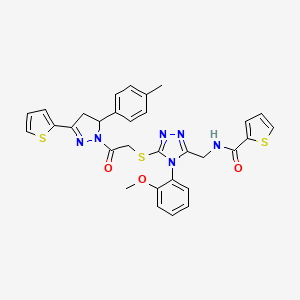 molecular formula C31H28N6O3S3 B2770155 N-{[4-(2-methoxyphenyl)-5-({2-[5-(4-methylphenyl)-3-(thiophen-2-yl)-4,5-dihydro-1H-pyrazol-1-yl]-2-oxoethyl}sulfanyl)-4H-1,2,4-triazol-3-yl]methyl}thiophene-2-carboxamide CAS No. 362508-08-5