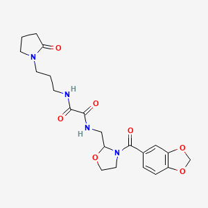 molecular formula C21H26N4O7 B2770299 N-{[3-(2H-1,3-benzodioxole-5-carbonyl)-1,3-oxazolidin-2-yl]methyl}-N'-[3-(2-oxopyrrolidin-1-yl)propyl]ethanediamide CAS No. 874805-68-2