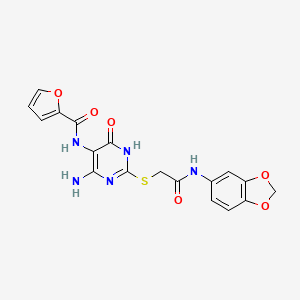 molecular formula C18H15N5O6S B2770332 N-(4-amino-2-((2-(benzo[d][1,3]dioxol-5-ylamino)-2-oxoethyl)thio)-6-oxo-1,6-dihydropyrimidin-5-yl)furan-2-carboxamide CAS No. 868226-31-7