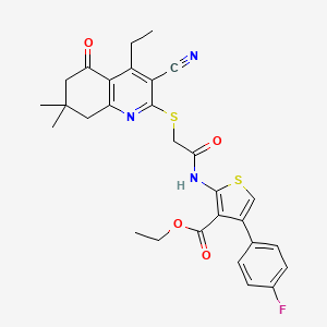 molecular formula C29H28FN3O4S2 B2770391 ethyl 2-{2-[(3-cyano-4-ethyl-7,7-dimethyl-5-oxo-5,6,7,8-tetrahydroquinolin-2-yl)sulfanyl]acetamido}-4-(4-fluorophenyl)thiophene-3-carboxylate CAS No. 670272-91-0