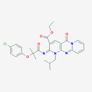 molecular formula C28H29ClN4O5 B2770452 ethyl 6-[2-(4-chlorophenoxy)-2-methylpropanoyl]imino-7-(2-methylpropyl)-2-oxo-1,7,9-triazatricyclo[8.4.0.03,8]tetradeca-3(8),4,9,11,13-pentaene-5-carboxylate CAS No. 685859-91-0