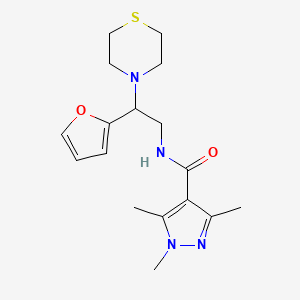 molecular formula C17H24N4O2S B2770463 N-(2-(furan-2-yl)-2-thiomorpholinoethyl)-1,3,5-trimethyl-1H-pyrazole-4-carboxamide CAS No. 2034398-89-3