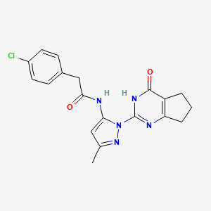molecular formula C19H18ClN5O2 B2770506 2-(4-chlorophenyl)-N-(3-methyl-1-(4-oxo-4,5,6,7-tetrahydro-3H-cyclopenta[d]pyrimidin-2-yl)-1H-pyrazol-5-yl)acetamide CAS No. 1002482-73-6