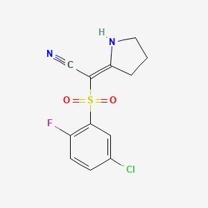 molecular formula C12H10ClFN2O2S B2770571 (2E)-[(5-氯-2-氟苯基)磺酰](吡咯烷-2-基亚甲基)乙腈 CAS No. 1454881-53-8