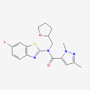 molecular formula C18H19FN4O2S B2770665 N-(6-fluoro-1,3-benzothiazol-2-yl)-1,3-dimethyl-N-[(oxolan-2-yl)methyl]-1H-pyrazole-5-carboxamide CAS No. 1013797-85-7