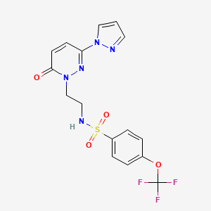 molecular formula C16H14F3N5O4S B2770712 N-(2-(6-oxo-3-(1H-pyrazol-1-yl)pyridazin-1(6H)-yl)ethyl)-4-(trifluoromethoxy)benzenesulfonamide CAS No. 1351596-22-9