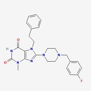 molecular formula C25H27FN6O2 B2770950 8-(4-(4-fluorobenzyl)piperazin-1-yl)-3-methyl-7-phenethyl-1H-purine-2,6(3H,7H)-dione CAS No. 886910-35-6