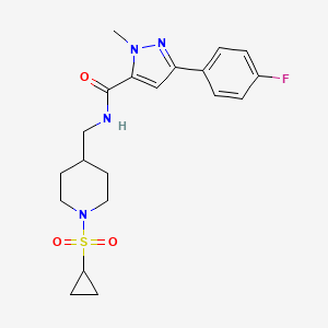 molecular formula C20H25FN4O3S B2771023 N-((1-(cyclopropylsulfonyl)piperidin-4-yl)methyl)-3-(4-fluorophenyl)-1-methyl-1H-pyrazole-5-carboxamide CAS No. 1421585-20-7