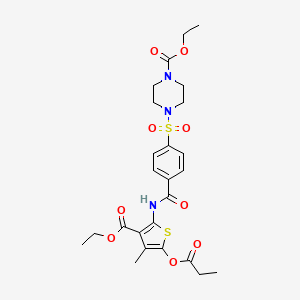 molecular formula C25H31N3O9S2 B2771260 Ethyl 4-((4-((3-(ethoxycarbonyl)-4-methyl-5-(propionyloxy)thiophen-2-yl)carbamoyl)phenyl)sulfonyl)piperazine-1-carboxylate CAS No. 398999-12-7