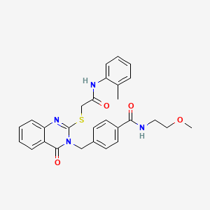 molecular formula C28H28N4O4S B2771320 N-(2-methoxyethyl)-4-{[2-({[(2-methylphenyl)carbamoyl]methyl}sulfanyl)-4-oxo-3,4-dihydroquinazolin-3-yl]methyl}benzamide CAS No. 1115324-27-0