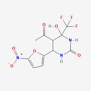 molecular formula C11H10F3N3O6 B2771338 5-acetyl-4-hydroxy-6-(5-nitrofuran-2-yl)-4-(trifluoromethyl)tetrahydropyrimidin-2(1H)-one CAS No. 1005051-06-8