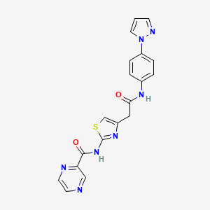 molecular formula C19H15N7O2S B2771343 N-(4-(2-((4-(1H-pyrazol-1-yl)phenyl)amino)-2-oxoethyl)thiazol-2-yl)pyrazine-2-carboxamide CAS No. 1207026-08-1