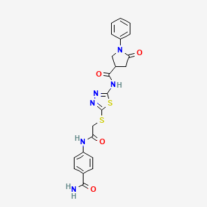 molecular formula C22H20N6O4S2 B2771432 N-(5-((2-((4-carbamoylphenyl)amino)-2-oxoethyl)thio)-1,3,4-thiadiazol-2-yl)-5-oxo-1-phenylpyrrolidine-3-carboxamide CAS No. 872594-70-2
