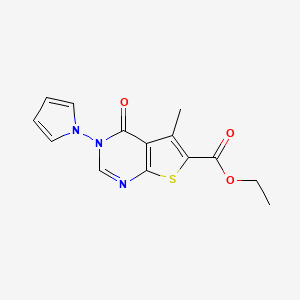 molecular formula C14H13N3O3S B2771536 ethyl 5-methyl-4-oxo-3-(1H-pyrrol-1-yl)-3,4-dihydrothieno[2,3-d]pyrimidine-6-carboxylate CAS No. 305854-11-9