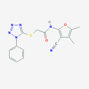 molecular formula C16H14N6O2S B277156 N-(3-cyano-4,5-dimethyl-2-furyl)-2-[(1-phenyl-1H-tetraazol-5-yl)sulfanyl]acetamide 