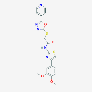 molecular formula C20H17N5O4S2 B277164 N-[4-(3,4-dimethoxyphenyl)-1,3-thiazol-2-yl]-2-{[5-(4-pyridinyl)-1,3,4-oxadiazol-2-yl]sulfanyl}acetamide 