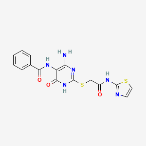 molecular formula C16H14N6O3S2 B2772007 N-(4-amino-6-oxo-2-((2-oxo-2-(thiazol-2-ylamino)ethyl)thio)-1,6-dihydropyrimidin-5-yl)benzamide CAS No. 888414-22-0