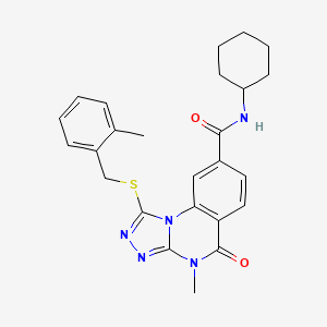 molecular formula C25H27N5O2S B2772073 N-cyclohexyl-4-methyl-1-{[(2-methylphenyl)methyl]sulfanyl}-5-oxo-4H,5H-[1,2,4]triazolo[4,3-a]quinazoline-8-carboxamide CAS No. 1111197-91-1