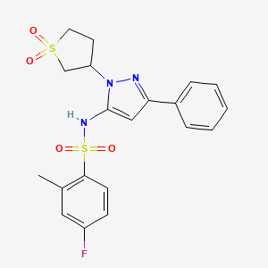 molecular formula C20H20FN3O4S2 B2772172 N-(1-(1,1-dioxidotetrahydrothiophen-3-yl)-3-phenyl-1H-pyrazol-5-yl)-4-fluoro-2-methylbenzenesulfonamide CAS No. 1170160-74-3