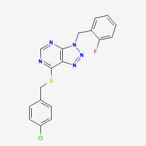 molecular formula C18H13ClFN5S B2772333 7-[(4-Chlorophenyl)methylsulfanyl]-3-[(2-fluorophenyl)methyl]triazolo[4,5-d]pyrimidine CAS No. 863458-94-0