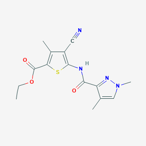 molecular formula C15H16N4O3S B2772402 ethyl 4-cyano-5-(1,4-dimethyl-1H-pyrazole-3-amido)-3-methylthiophene-2-carboxylate CAS No. 1207014-84-3
