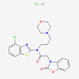 molecular formula C23H24Cl2N4O4S B2772416 N-(4-chloro-1,3-benzothiazol-2-yl)-N-[3-(morpholin-4-yl)propyl]-2-(2-oxo-2,3-dihydro-1,3-benzoxazol-3-yl)acetamide hydrochloride CAS No. 1351614-54-4