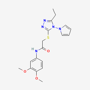 molecular formula C18H21N5O3S B2772498 N-(3,4-dimethoxyphenyl)-2-{[5-ethyl-4-(1H-pyrrol-1-yl)-4H-1,2,4-triazol-3-yl]sulfanyl}acetamide CAS No. 896293-40-6