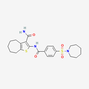 molecular formula C23H29N3O4S2 B2772562 2-(4-(azepan-1-ylsulfonyl)benzamido)-5,6,7,8-tetrahydro-4H-cyclohepta[b]thiophene-3-carboxamide CAS No. 397290-10-7