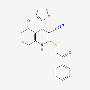 molecular formula C22H18N2O3S B2772660 4-(Furan-2-yl)-5-oxo-2-((2-oxo-2-phenylethyl)thio)-1,4,5,6,7,8-hexahydroquinoline-3-carbonitrile CAS No. 799809-22-6