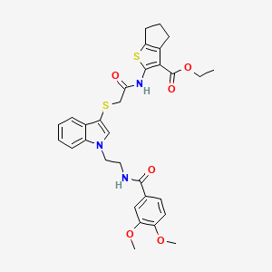 molecular formula C31H33N3O6S2 B2772679 ethyl 2-(2-((1-(2-(3,4-dimethoxybenzamido)ethyl)-1H-indol-3-yl)thio)acetamido)-5,6-dihydro-4H-cyclopenta[b]thiophene-3-carboxylate CAS No. 533867-46-8