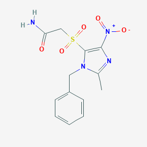 molecular formula C13H14N4O5S B027728 Acetamide, 2-((2-methyl-4-nitro-1-(phenylmethyl)-1H-imidazol-5-YL)sulfonyl)- CAS No. 110579-18-5