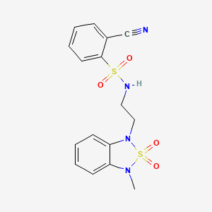 molecular formula C16H16N4O4S2 B2772800 2-cyano-N-(2-(3-methyl-2,2-dioxidobenzo[c][1,2,5]thiadiazol-1(3H)-yl)ethyl)benzenesulfonamide CAS No. 2034489-80-8