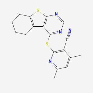 molecular formula C18H16N4S2 B2772843 4,6-dimethyl-2-{8-thia-4,6-diazatricyclo[7.4.0.0^{2,7}]trideca-1(9),2(7),3,5-tetraen-3-ylsulfanyl}pyridine-3-carbonitrile CAS No. 301687-17-2