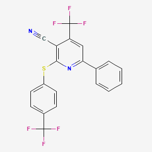 molecular formula C20H10F6N2S B2772880 6-Phenyl-4-(trifluoromethyl)-2-{[4-(trifluoromethyl)phenyl]sulfanyl}nicotinonitrile CAS No. 338749-50-1