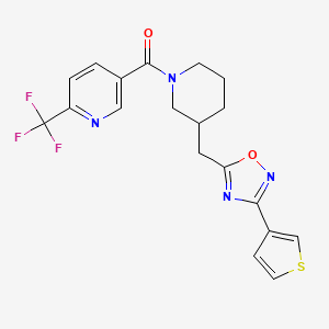 molecular formula C19H17F3N4O2S B2772920 (3-((3-(Thiophen-3-yl)-1,2,4-oxadiazol-5-yl)methyl)piperidin-1-yl)(6-(trifluoromethyl)pyridin-3-yl)methanone CAS No. 1706230-73-0