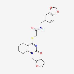 molecular formula C23H27N3O5S B2772928 N-(benzo[d][1,3]dioxol-5-ylmethyl)-2-((2-oxo-1-((tetrahydrofuran-2-yl)methyl)-1,2,5,6,7,8-hexahydroquinazolin-4-yl)thio)acetamide CAS No. 899951-80-5