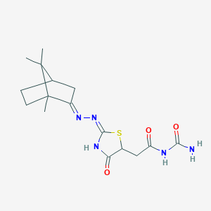 molecular formula C16H23N5O3S B2773122 N-carbamoyl-2-{(2E)-4-oxo-2-[(2E)-(1,7,7-trimethylbicyclo[2.2.1]hept-2-ylidene)hydrazinylidene]-1,3-thiazolidin-5-yl}acetamide CAS No. 1008267-30-8