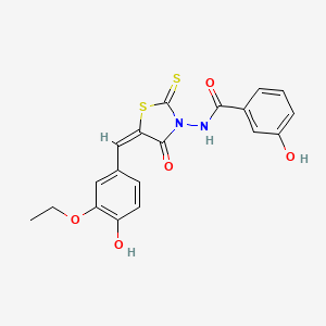 molecular formula C19H16N2O5S2 B2773137 N-[(5E)-5-[(3-ethoxy-4-hydroxyphenyl)methylidene]-4-oxo-2-sulfanylidene-1,3-thiazolidin-3-yl]-3-hydroxybenzamide CAS No. 638137-65-2