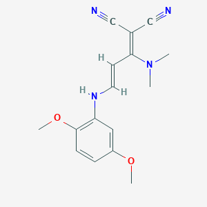 molecular formula C16H18N4O2 B2773183 2-[3-(2,5-二甲氧基苯胺基)-1-(二甲基氨基)-2-丙烯基亚甲基]丙二腈 CAS No. 338773-92-5