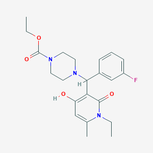 molecular formula C22H28FN3O4 B2773292 Ethyl 4-((1-ethyl-4-hydroxy-6-methyl-2-oxo-1,2-dihydropyridin-3-yl)(3-fluorophenyl)methyl)piperazine-1-carboxylate CAS No. 897734-69-9